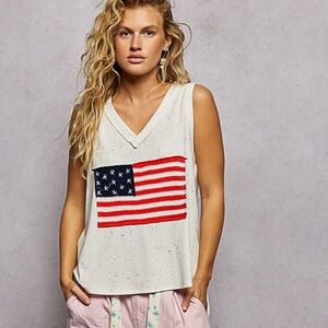 🇺🇸 POL V-Neck Ribbed Tank w/American Flag Patch and Star Back Patch-Off White